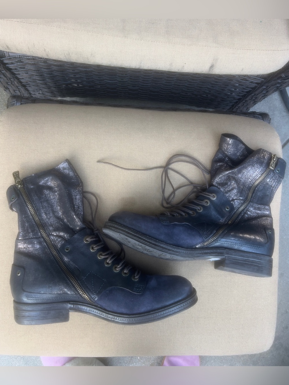 A.S.98 Navy Blue Lace-Up Ankle Boots with Shimmer